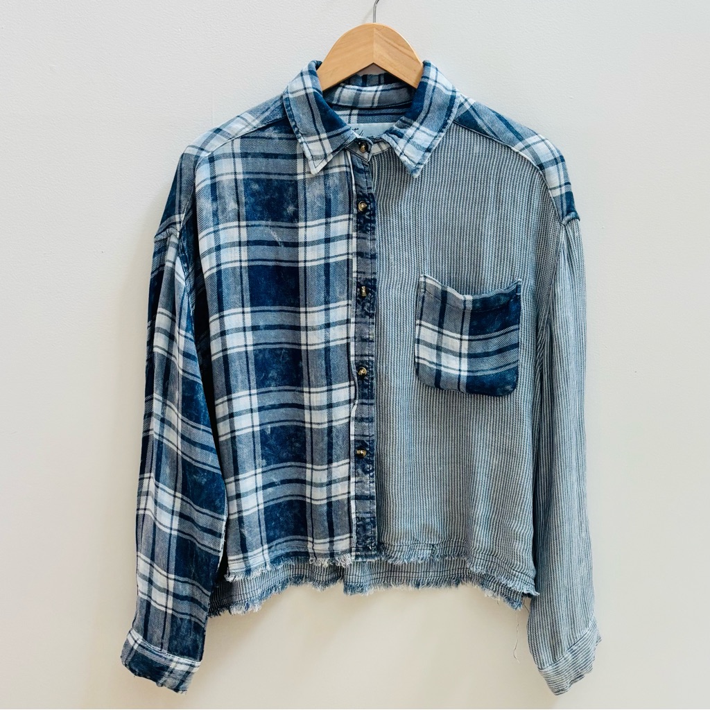 Vintage Havana Button Down Patchwork Long Sleeve Top Blue S